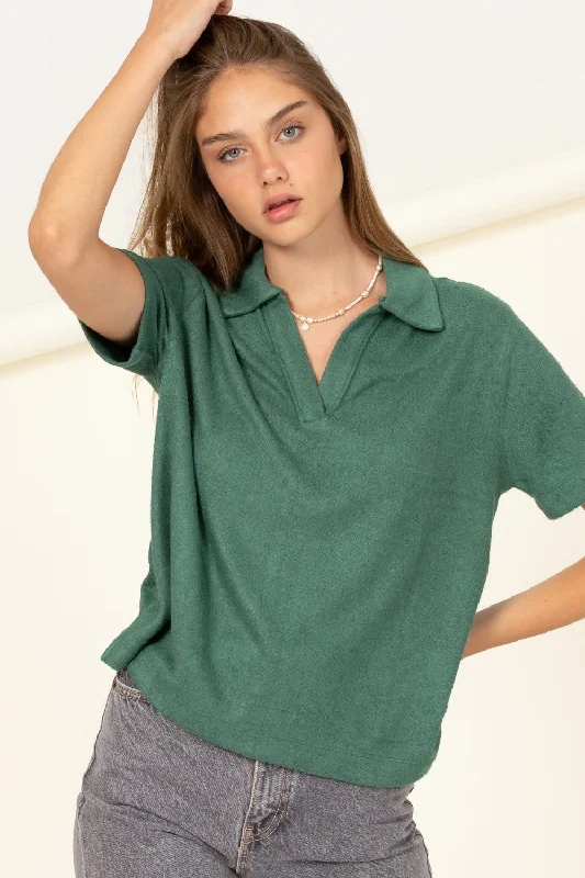 Relaxed Fit Short Sleeve TopsHunter Green Collared Short-Sleeve Top