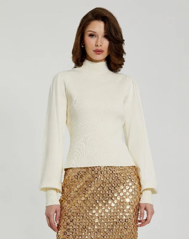 Ribbed Knit Balloon Sleeve Turtleneck Sweater