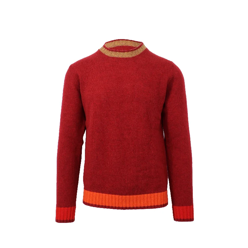 Red Crewneck Sweater with Contrast AccentsScoop Neck Knit Tops