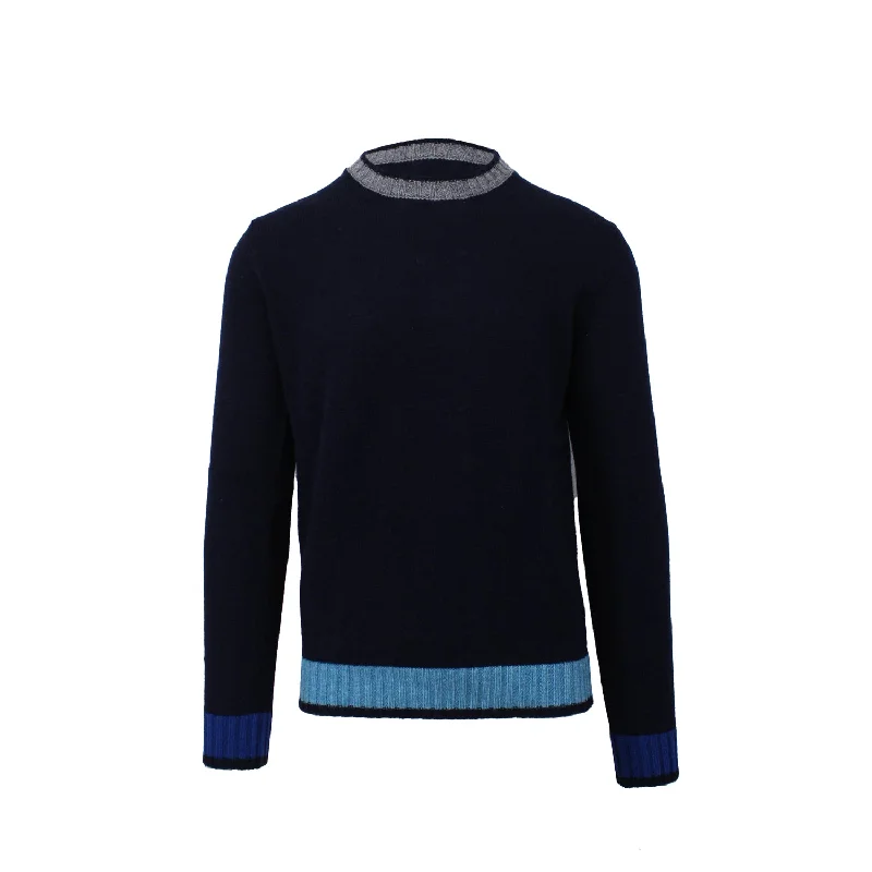 Navy Crewneck Sweater with Contrast AccentsV-Neck Knit Tops