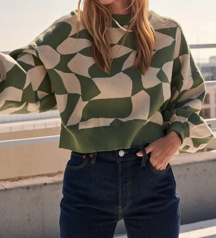 Abstract-Pattern Knit Sweater In Green/beige AbstractScoop Neck Knit Tops