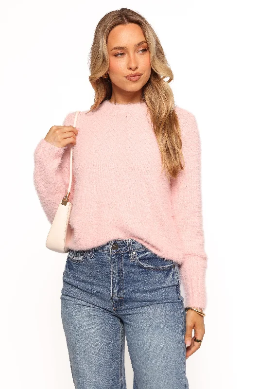 Aspra Fuzzy Crewneck Knit Sweater - PinkAlpaca Knit Tops