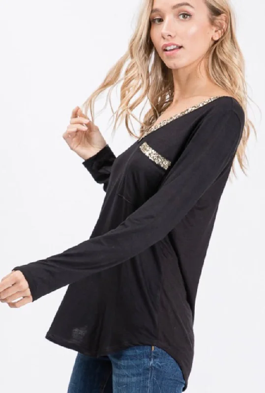 Black Long Sleeve V Neck with Sequin DetailLayered Knit Tops