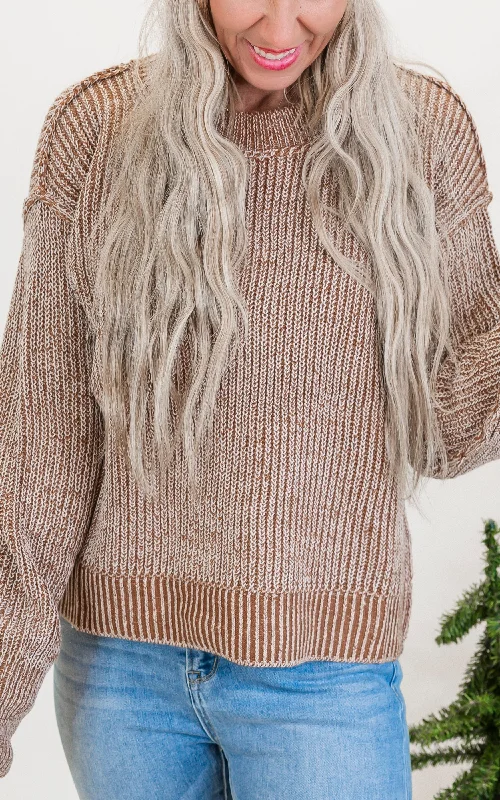 Brown Long Sleeve Solid Knit SweaterWool Knit Tops