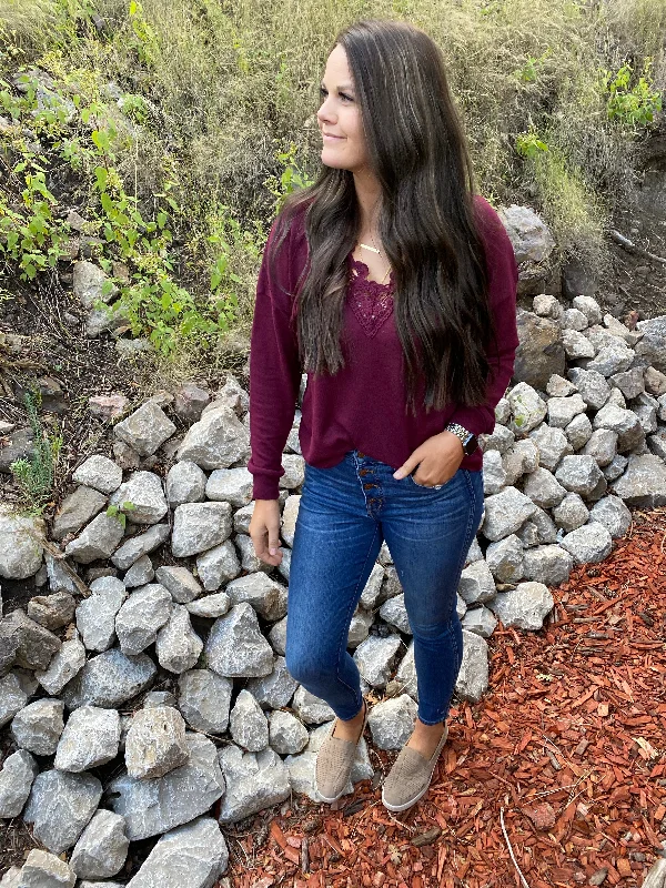 Burgundy Lace V Neckline TopRibbed Cuff Knit Tops