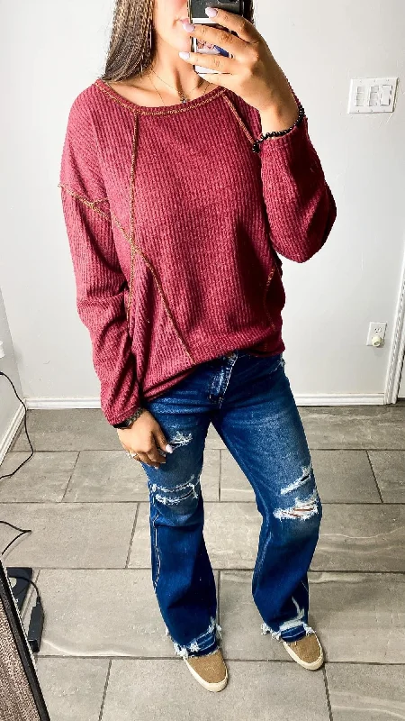 Burgundy Raw Hem TopHunting Knit Tops