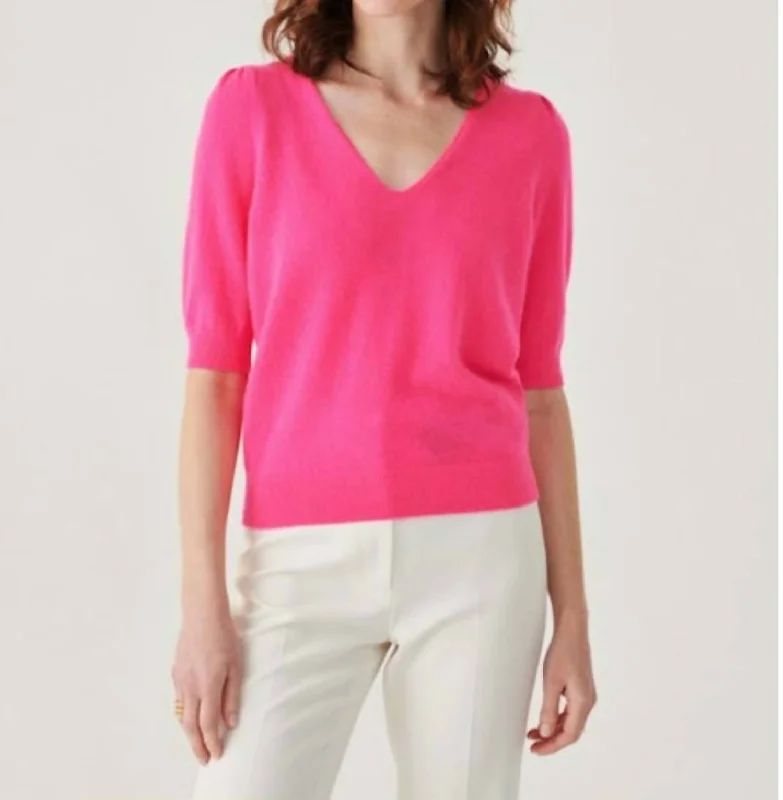 Cashmere Puff Sleeve V-Neck In Electric FushiaMetallic Knit Tops