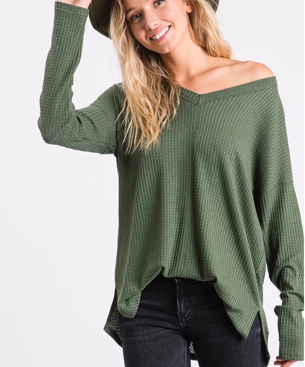 Waffle Knit V-Neck Top - OliveCotton Knit Tops