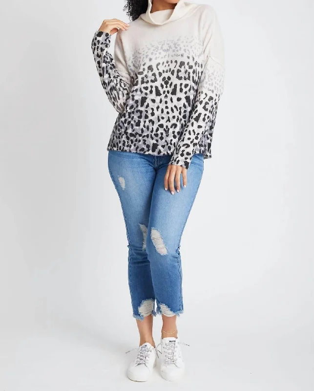 Faded Leopard Cowl Neck Sweater In Ivory/charcoalLayered Knit Tops