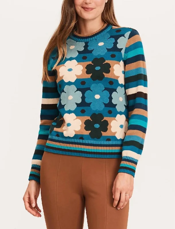 Floral Stripe Crew Sweater In MultiOversized Knit Tops