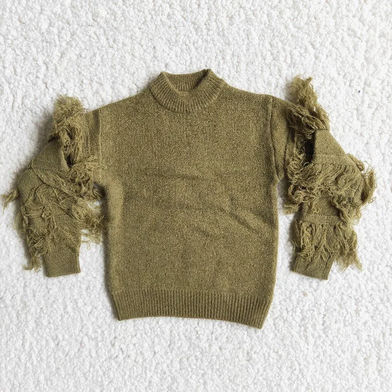 Winter Warm Girl Army Green Tassels SweatersAlpaca Knit Tops