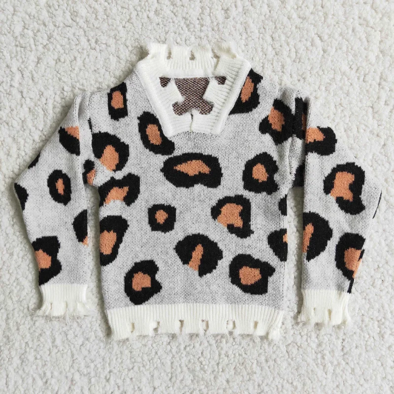 Girl Leopard Grey SweatersOrganic Cotton Knit Tops