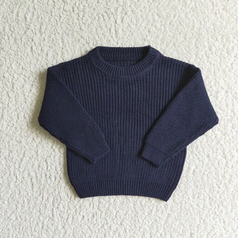 Girl Navy Blue Winter Long Sleeve Sweater Girl's ClothesBoat Neck Knit Tops