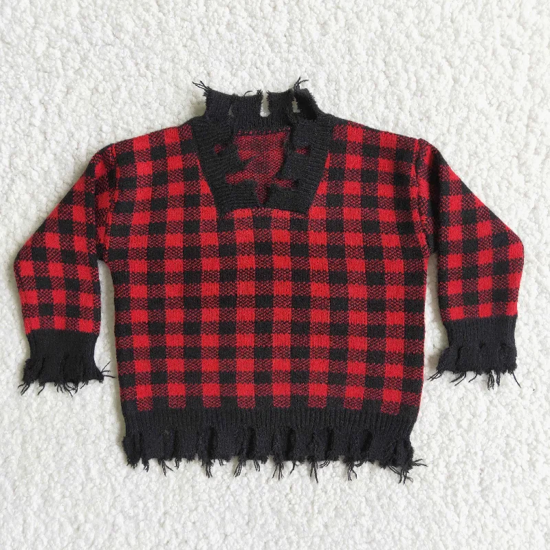 Girl Red & Black Plaid Tassels SweatersAcrylic Knit Tops