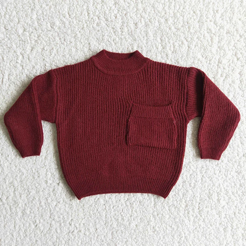 Girl Wine Red Pocket SweatersCashmere Knit Tops