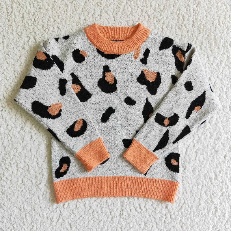 Girl Winter Grey Leopard Long Sleeve Sweater Orange Lace Girl's ClothesSheer Knit Tops