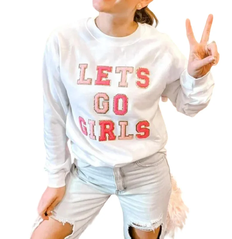 Let's Go Girls Patched Crew Neck Sweater In White/pinkRetro Knit Tops