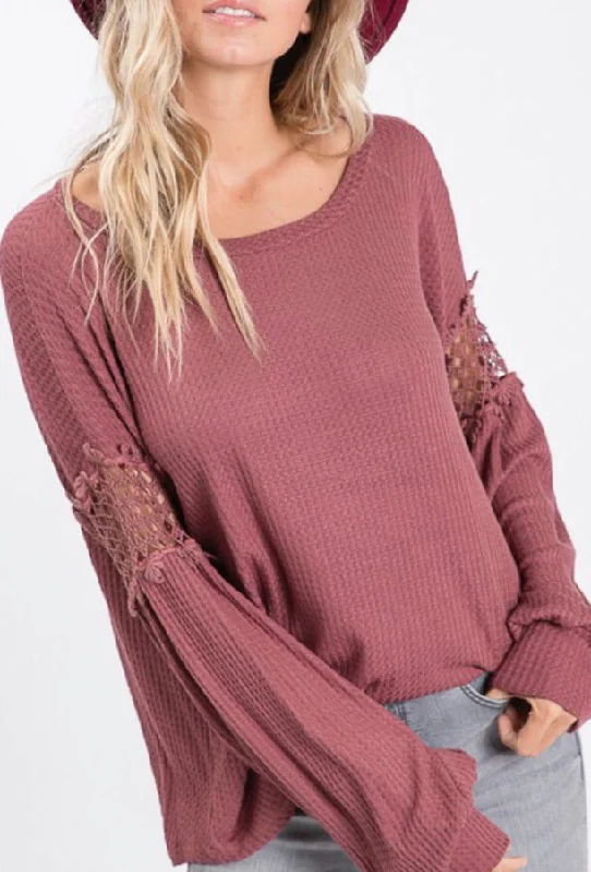 Marsala Bubble Sleeve Lace Detail TopMetallic Knit Tops