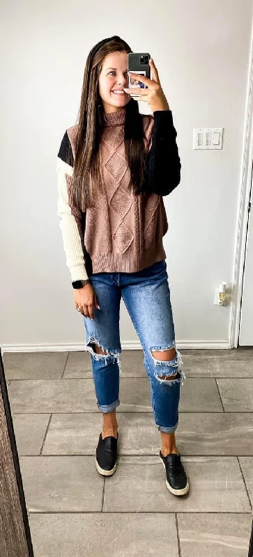 Mocha Color Block SweaterEmbellished Knit Tops