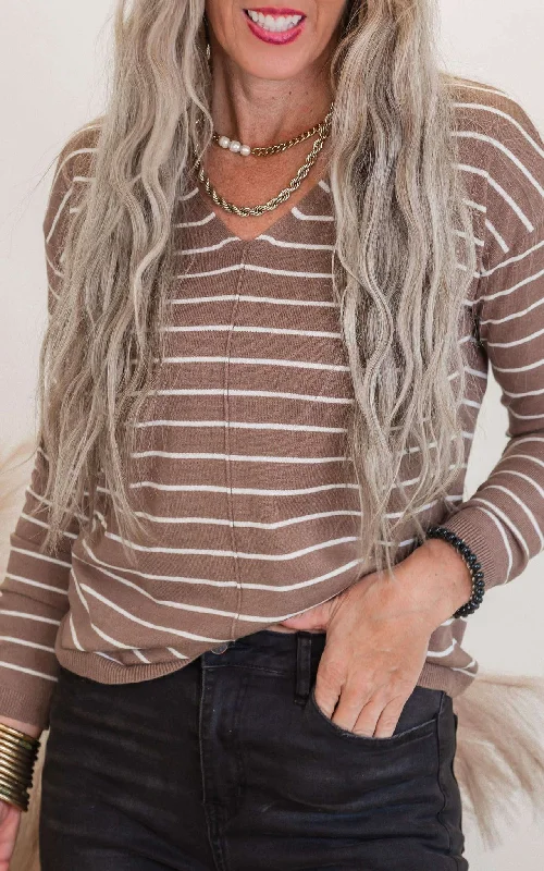 Mocha Striped V-Neck SweaterBoat Neck Knit Tops