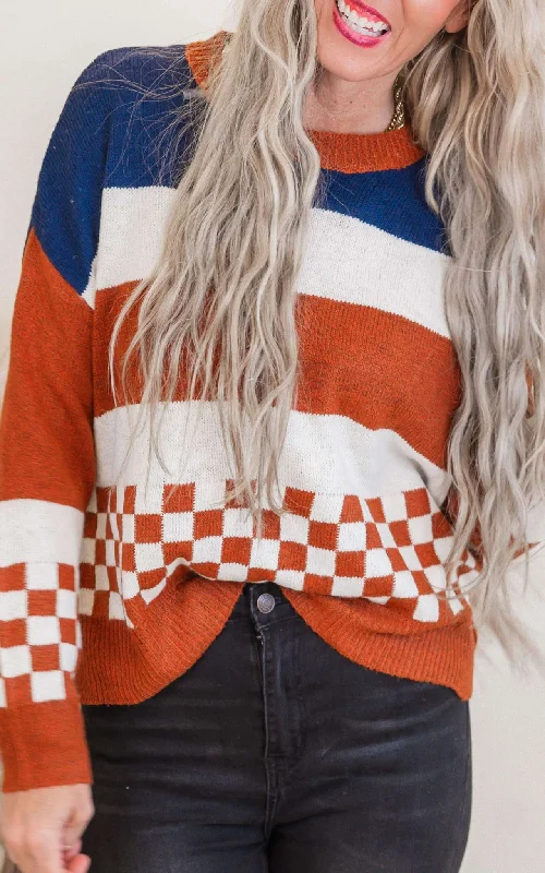 Navy Colorblock Checkerboard SweaterLeather-Paneled Knit Tops