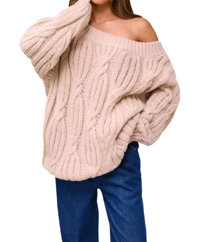 Off Shoulder Cable Sweater In MochaFestival Knit Tops