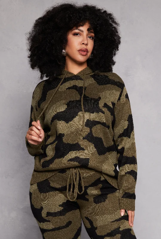 Plus Size Camo Hooded SweaterFishing Knit Tops