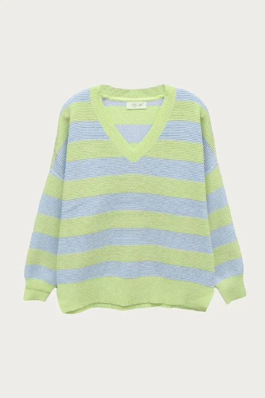 Oversized Ottoman Rugby Striped Sweater In Green/lavenderSkateboard Knit Tops