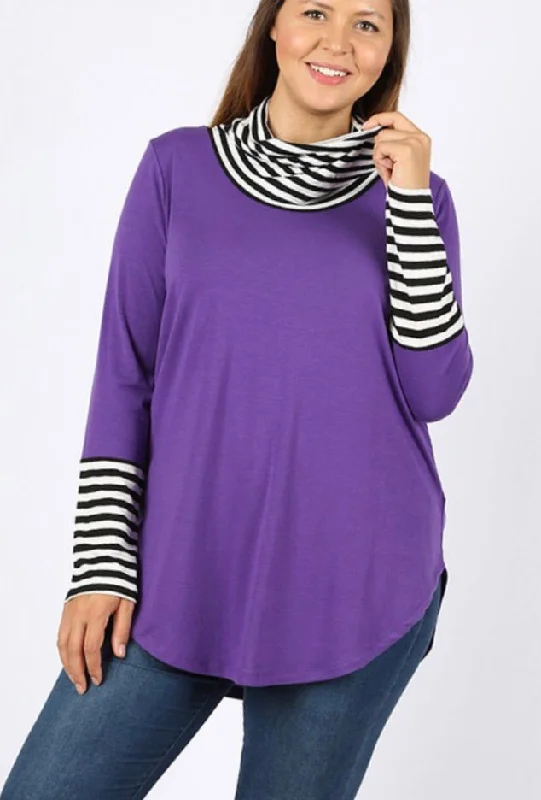 Purple Striped & Solid Cowl Neck Top *Plus*Studded Knit Tops