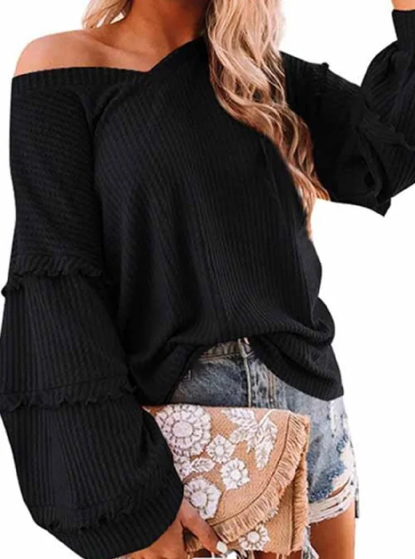 Ruffled Trim Long Sleeve Knit TopOff-Shoulder Knit Tops