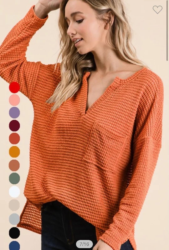 Rust Waffle Knit Top with PocketOrganic Cotton Knit Tops