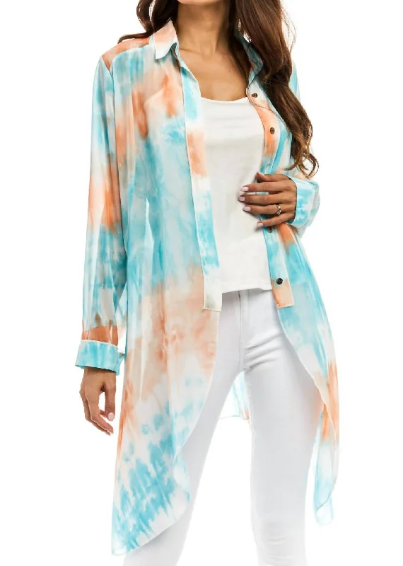 Sheer Button Down Duster In A Watercolor MixHiking Knit Tops