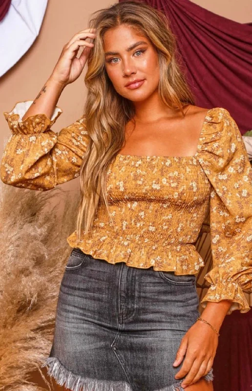 Smocked Mustard Floral TopFringed Knit Tops