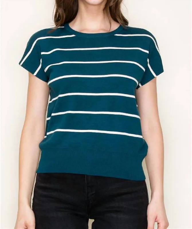 Striped Short Sleeve Sweater Top In TealFitted Knit Tops