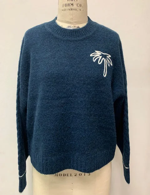 Sundry Cable Sleeve Sweater with Embroidery in Deep NavySheer Knit Tops