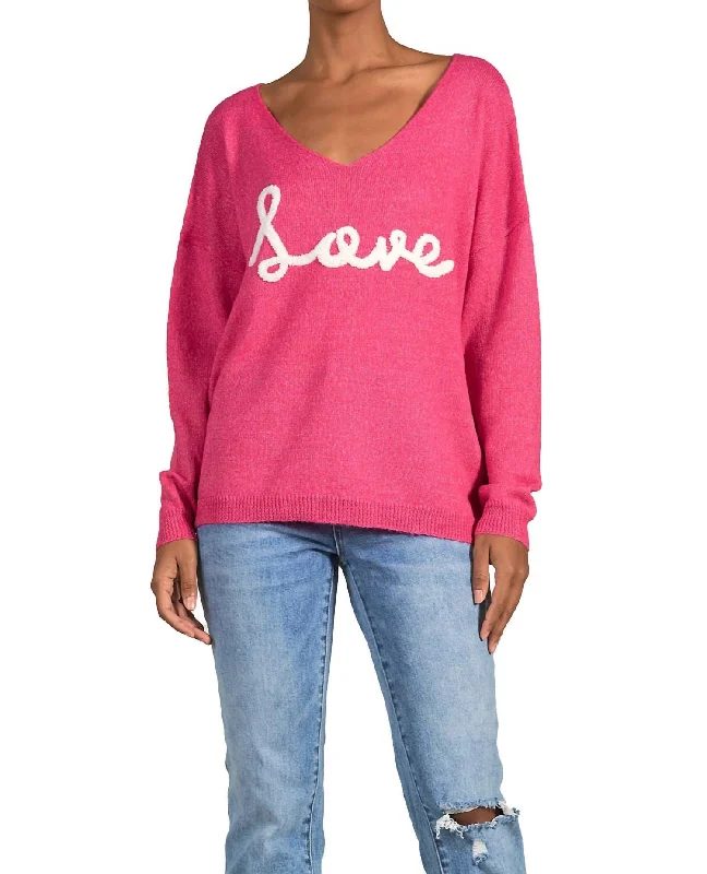 V-Neck "love" Sweater In FuschiaV-Neck Knit Tops