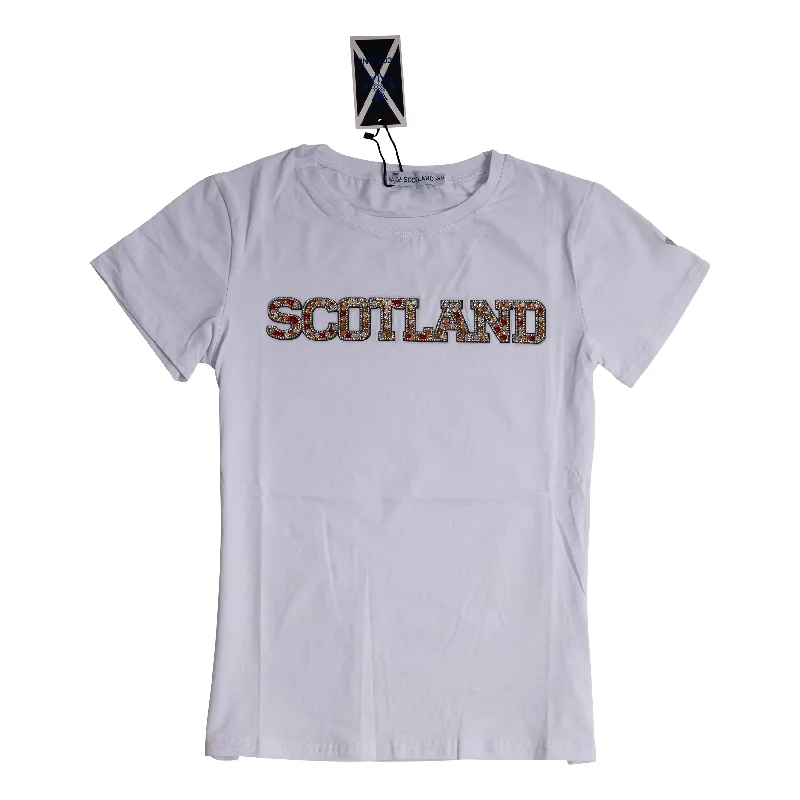 Studded T-ShirtsLadies Diamante Scotland T-Shirt White