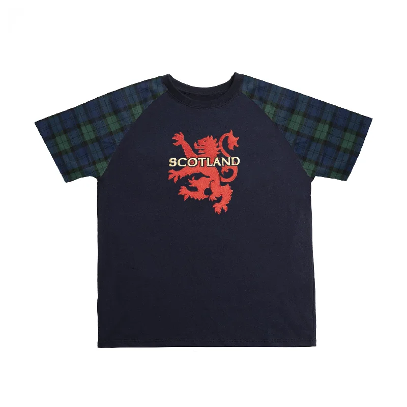 Quick-Dry T-ShirtsScotland T-Shirt Embroidered Rampant Lion with Blackwatch Tartan Sleeves