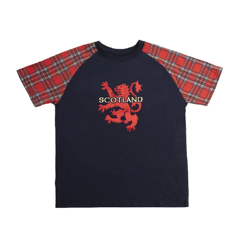 Fishing T-ShirtsEmbroidered Rampant Lion Scotland T-shirt with Tartan Sleeves