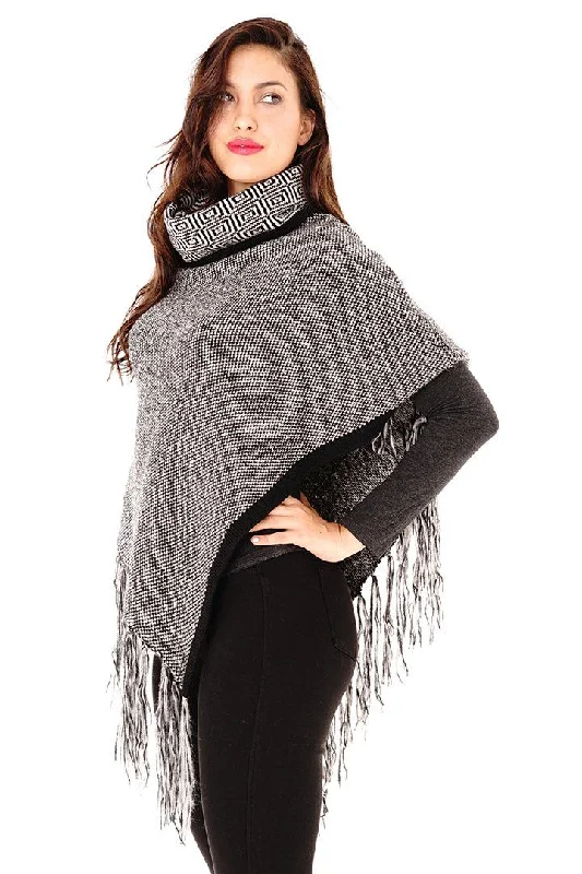 Knitted Turtleneck Poncho with Fringe