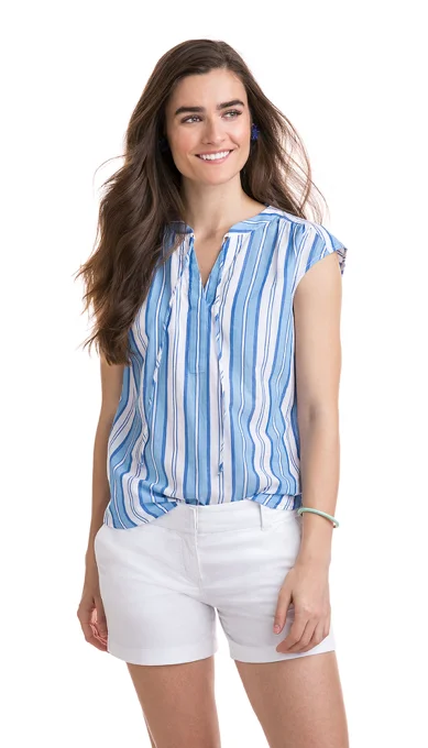 Lounge Short Sleeve TopsVineyard Vines Short-Sleeve Ocean Stripe Popover - Blue Jay