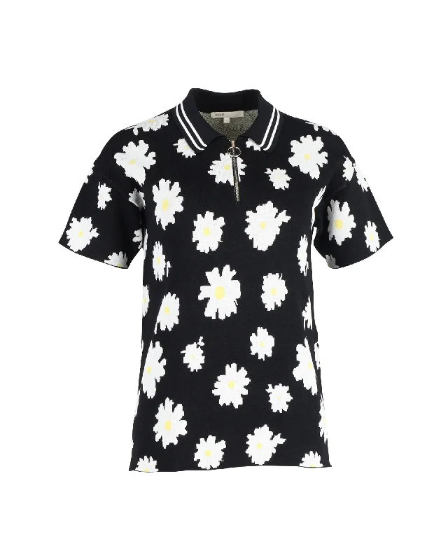 Formal Short Sleeve TopsMaje Misseca Floral Collared Short-Sleeve Top in Black Cotton