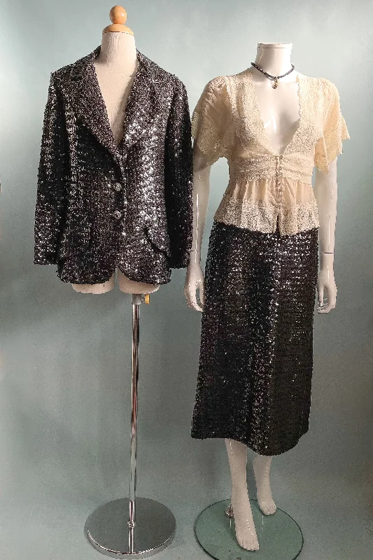 Vintage 60s Black Sequin Jacket/Skirt 2 Piece Suit, Eveningwear Party Separates Suit